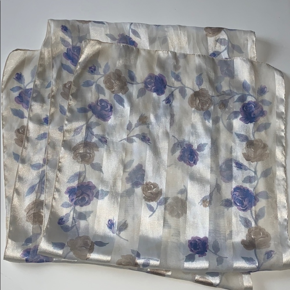 Women’s Cream Silk Scarf With Blue and Taupe Roses